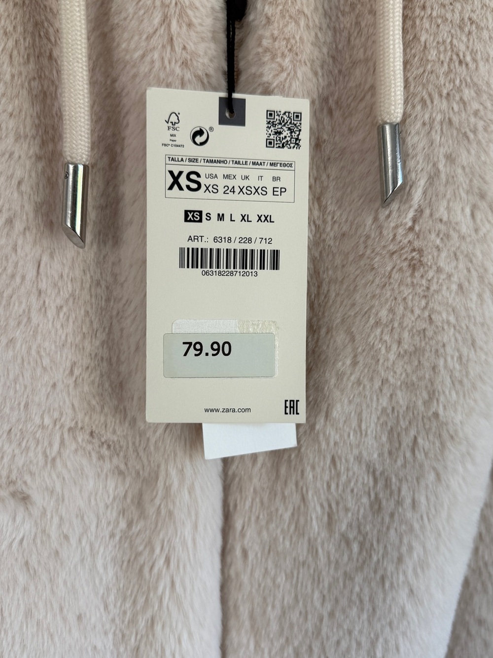 Zara Plush Bomber Jacket - Pale Ivory Cream Faux Fur XS Hooded - Picture 5 of 5